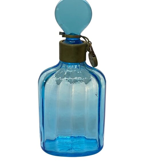 Vtg Blue Glass Apothecary Liquor Bottle UV Reactive Metal Locking Collar Stopper - Picture 4 of 16